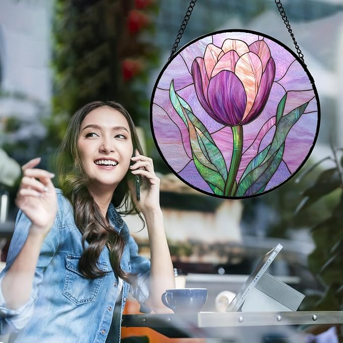 DASTOLL Stained Glass Window Hanging Purple Tulips Flower Large 11.8" - Image 5