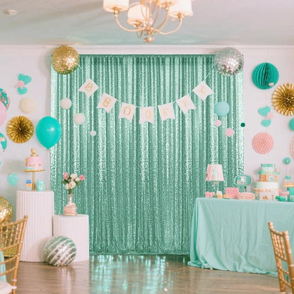 2×8FT-6PCS Mint Green Sequin Backdrop Curtains Panels, Photography Backdrop - Image 3