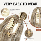FLUFYMOOZ Ponytail Extension, 18 Inch Claw Clip Ponytail Extension, Wavy Curly Claw Clip in Ponytail Hair Extensions, Natural Ponytail Synthetic Hairpiece for Women (Ash Brown with Blonde Highlights)