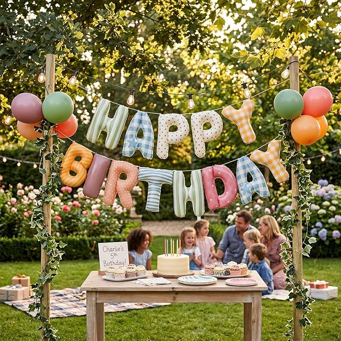 Colorful Happy Birthday Banner Foil Letter Balloon, 14 Inch 3D Plaid, Polka Dots - Image 5