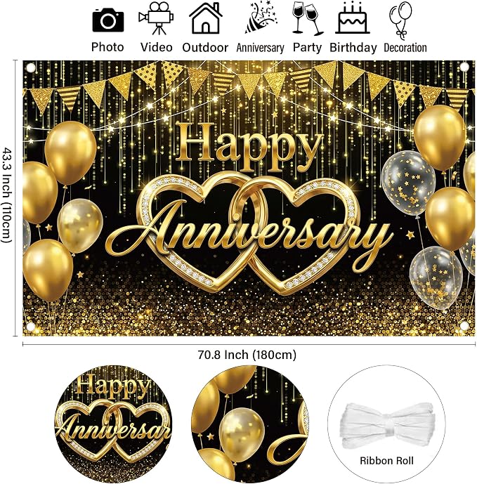 Happy Anniversary Black Gold Backdrop - Image 3