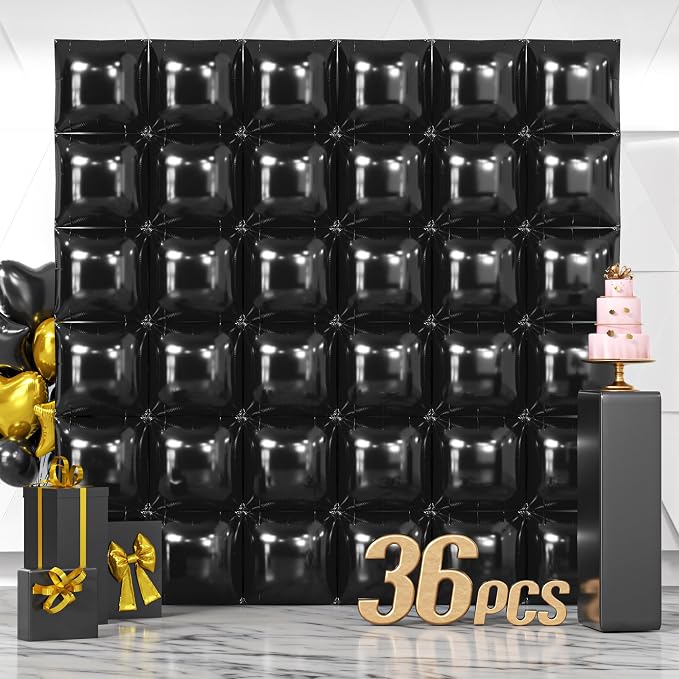 NISOCY 36PCS Metallic Black Square Foil Balloons Wall Backdrop | Double Sided by NISOCY