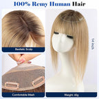 HAIRCUBE Hair Toppers For Women With Thinning 5"*5" Large Base Real Hair Toppers For Women, 14 Inch For Hand-Woven, 60g, Silk, Natural, realistic, Use Daily, Hairloss, Ombre Light Brown, with bangs