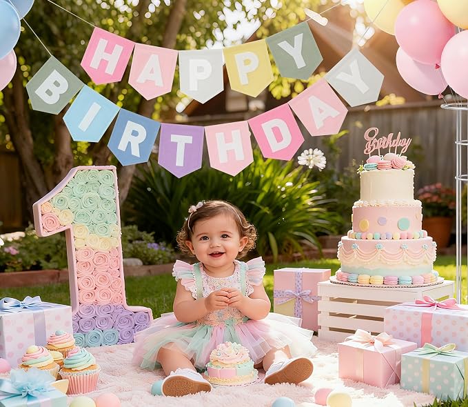 Happy Birthday Banner Felt Pastel Birthday Decorations Sign Pastel Rainbow - Image 2