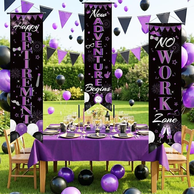 3Pcs Retirement Porch Sign Door Hanging Banner Black Purple Happy Retirement - Image 4