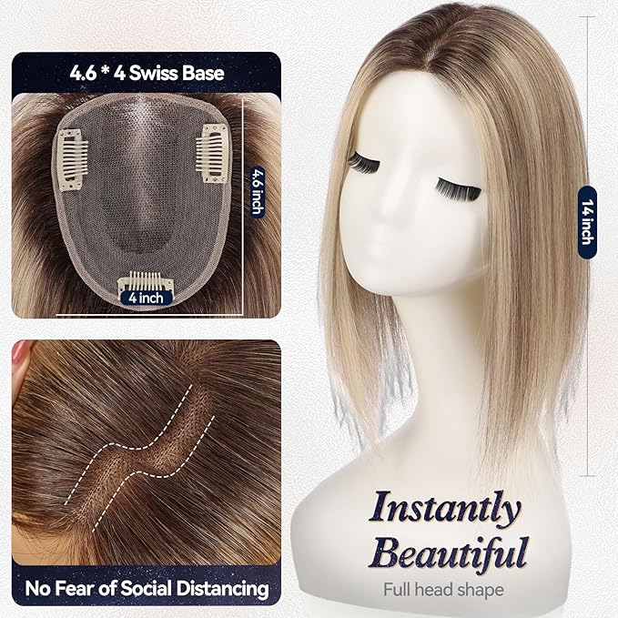 starluck Human Hair Topper for Women with Thinning Hair, 100% Real Human Hairpiece, 4.6 * 4 Inch Upgrade SilkHug Swiss Lace Base Hairpiece,14 Inch, No Bangs (Ombre Ash Blonde)