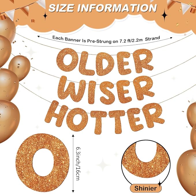 Fulmoon Set of 3 Pre Strung Older Wiser Hotter Glitter Banner Funny Birthday - Image 2