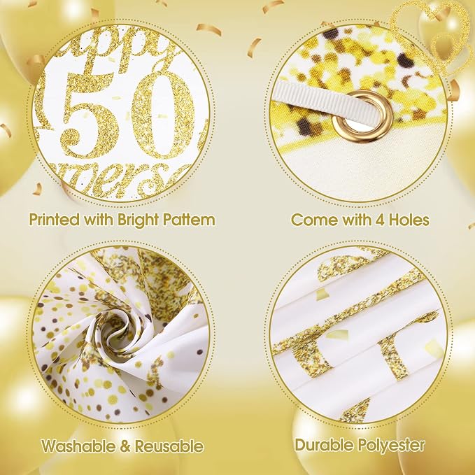 50th Wedding Anniversary Decorations Banner White Gold Happy 50th Anniversary - Image 7