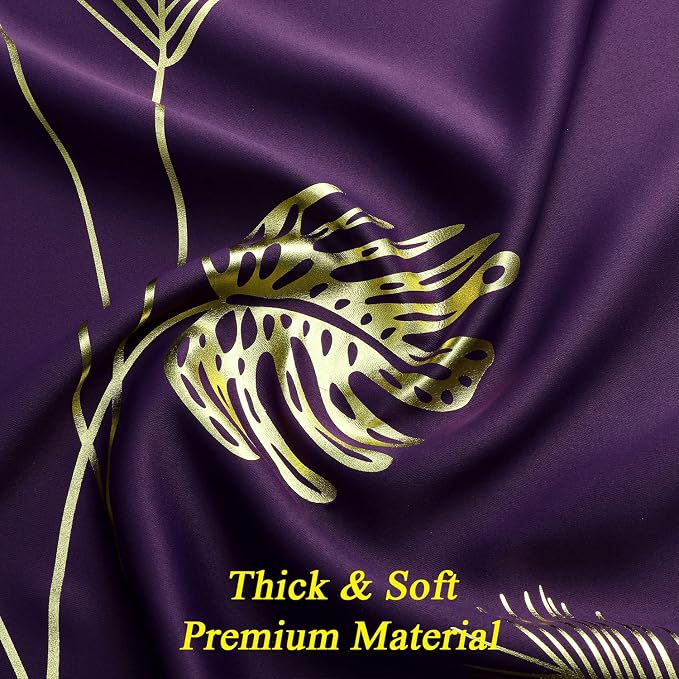 Purple Blackout Curtains for Bedroom, Room Darkening Gold Palm Tree Pattern - Image 5