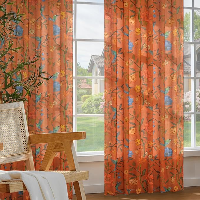 Terracotta Floral Linen Curtains, Boho Whimsical Bird Print Curtains - Image 6