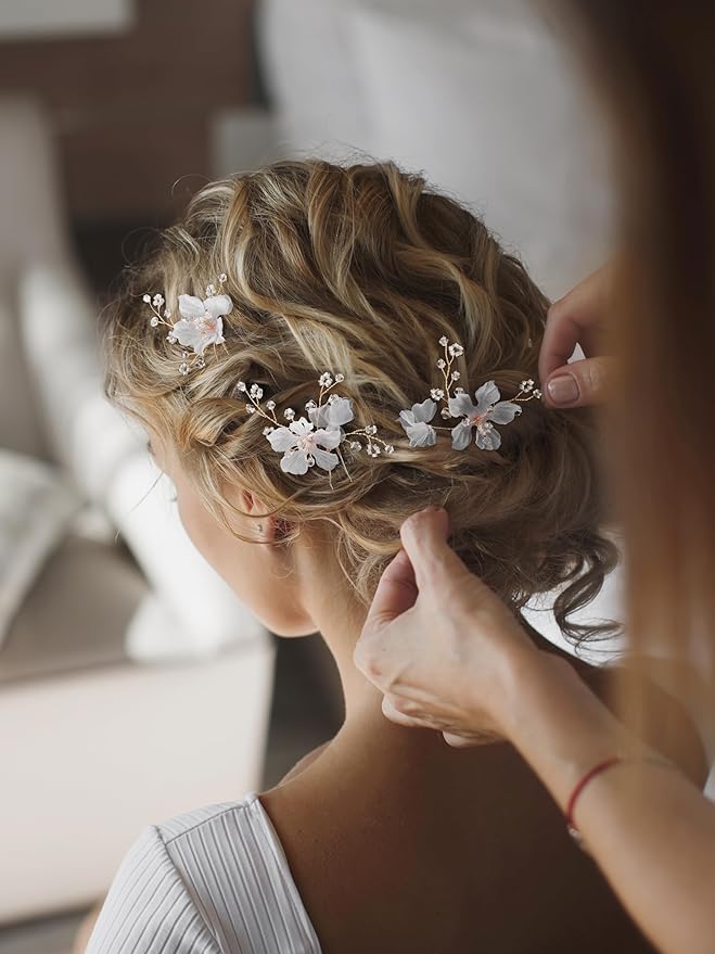 SWEETV 3Pcs Bridal Hair Pins White Flower Bride Hair Pieces Wedding Hair Side Combs Floral Headpieces Accessories Fall Beach Clip for Brides Bridesmaids Women Girls