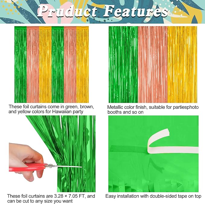 ZATAYE 2 Pack Green Brown Yellow Hawaiian Luau Foil Curtain Decorations | Green - Image 4