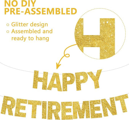 Glitter Gold Happy Retirement Banner Pre-Strung Retirement Party Decorations - Image 2