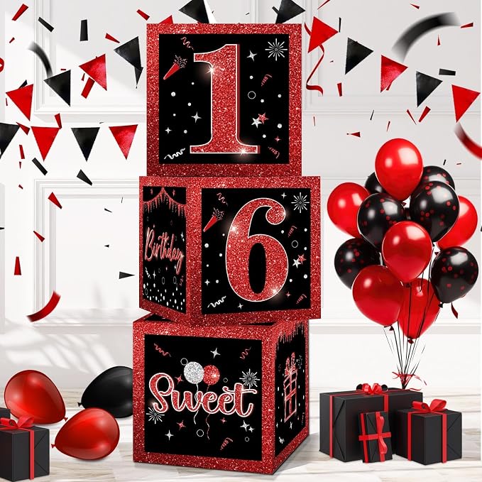 3 Pcs Happy 16th Birthday Decorations Red Black Balloon Box by EYNDYN