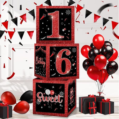 3 Pcs Happy 16th Birthday Decorations Red Black Balloon Box by EYNDYN