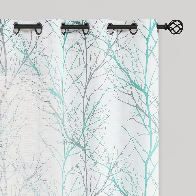 FMFUNCTEX Linen Aqua Blue White Semi Sheer Print Curtains 84 Inch 2 Panels | by Fmfunctex