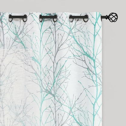 FMFUNCTEX Linen Aqua Blue White Semi Sheer Print Curtains 96 Inch 2 Panels | by Fmfunctex