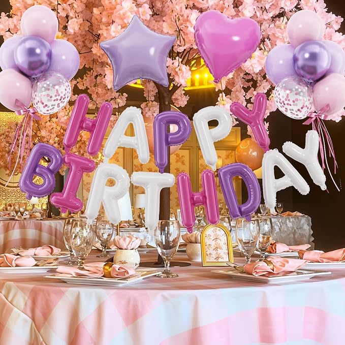 29PC Pink Purple Happy Birthday Balloon Banner, 16 Inch Foil Letters Letter - Image 4