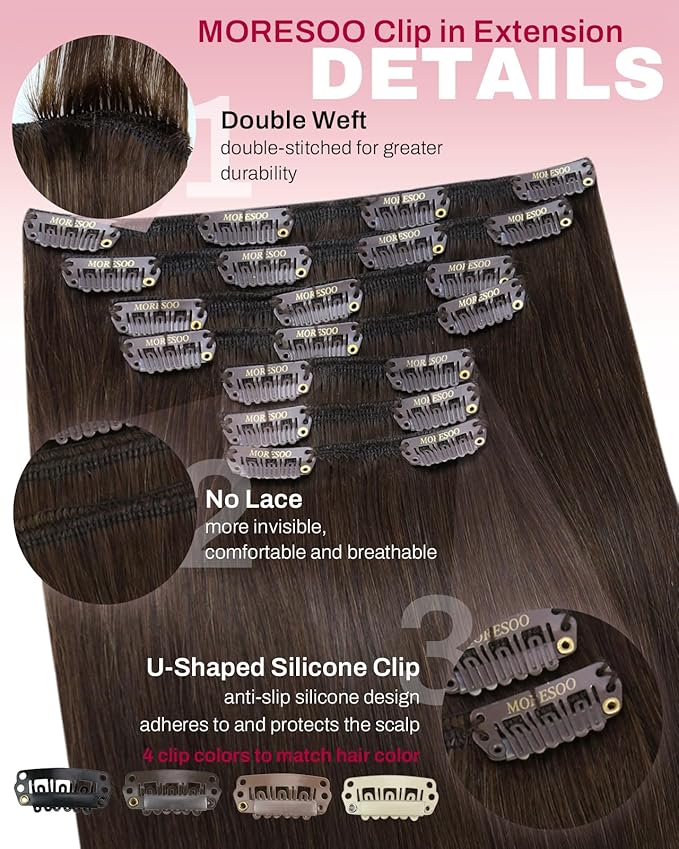 Moresoo Clip in Hair Extensions for Women Medium Brown Long Straight Real Hair Clip in Extensions Double Weft Medium Brown #4 Full Head 7pcs/150g 24inch