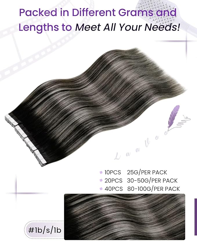 LaaVoo Black Tape in Extensions Real Human Hair Tape ins Human Hair Extensions Human Hair Tapes in Jet Black Hair Full Head Silky Soft 40 Pieces 14 Inch 100g