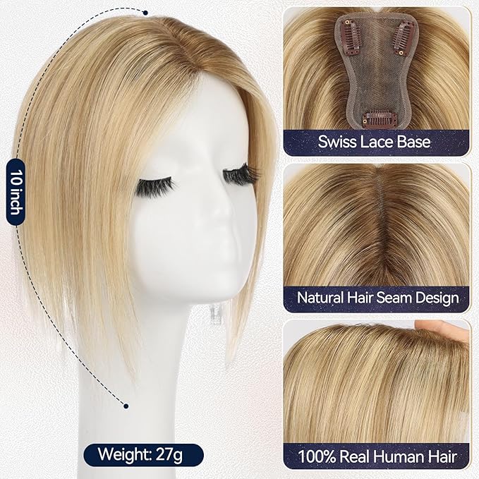 starluck Real Human Hair Toppers for Women 10 Inch Human Hair Topper no Bangs, 3 * 4.5 inches Swiss Base Suitable for ThinningHair Cover Grey Roots(Ombre P721A#)