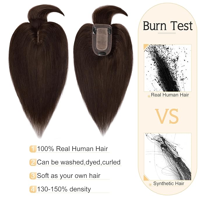 SEGO Hair Toppers for Women Real Human Hair With Bangs, 7 * 13CM Silk Base 100% Remy Human Hair Clip in Top Wiglet Hairpieces Add Volume -10 Inch Dark Brown