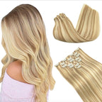 GOO GOO Clip in Hair Extensions Real Human Hair, Remy Human Hair Extensions Clip ins for Women, Natural Human Hair, 12inch 85g 7Pcs, #18A/613A Dark Blonde Highlighted Bleach Blonde