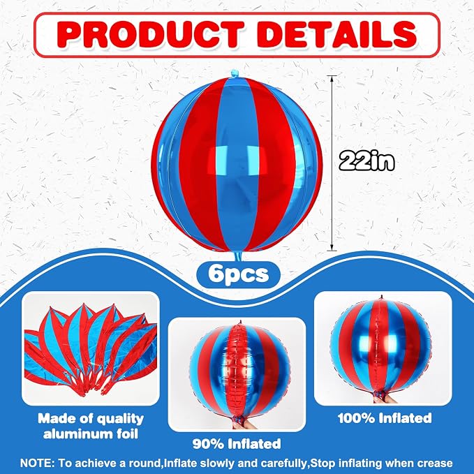 Blue and Red Striped Balloons 6Pcs, Giant 4D Round Ball Balloon 22 Inch Round - Image 2