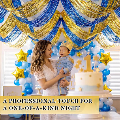 4 Pcs 15ft Gold Blue Metallic Foil Ceiling Fringe Curtains, Fringe Drapes - Image 6