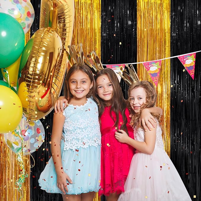 Black Gold Metallic Tinsel Foil Fringe Curtains, 4 Pack 3.3x8.3 Feet Party - Image 6