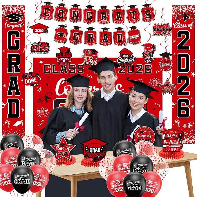 Graduation Decorations 2026 Red Set, Congrats Grad Decor Set - Image 2