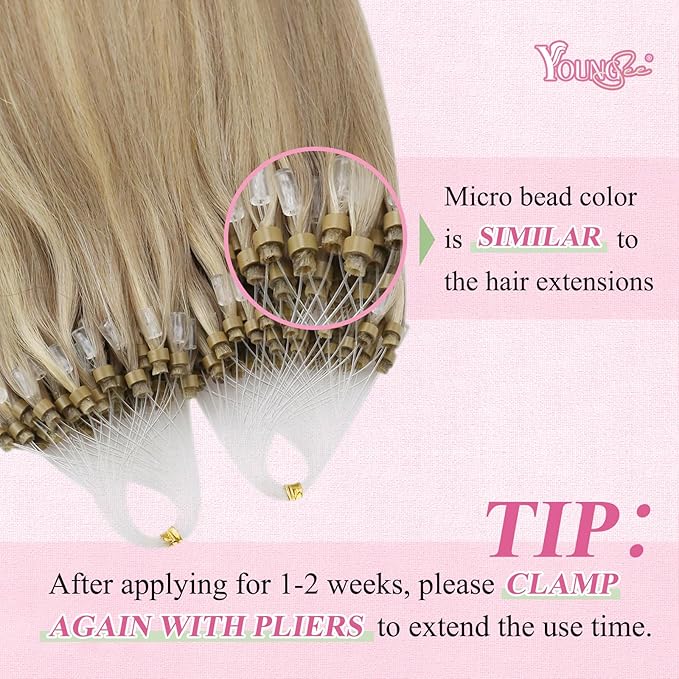 YoungSee Micro Bead Hair Extensions Real Human Hair Blonde Micro Loop Hair Extensions Real Human Hair Golden Blonde Highlighted Beaded Hair Extension 14In 50g 50s Pre Bonded Hair for Short Hair