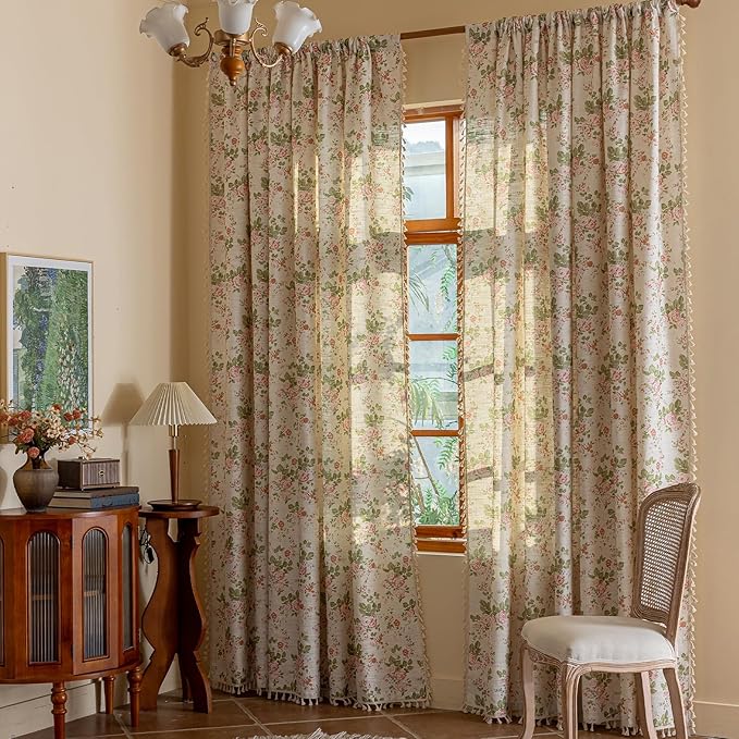 ENJOYBRIDAL Pink Floral Curtains 84 Inches Long Bedroom Semi Sheer Drapes Floor by ENJOYBRIDAL