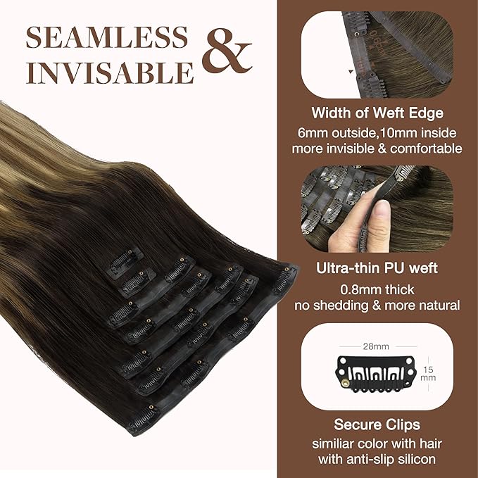 GOO GOO Clip in Hair Extensions Real Human Hair, Remy Human Hair Extensions Clip ins for Women, Natural Human Hair, 24inch 160g 7Pcs, 2/6/18 Balayage Brown to Dirty Blonde