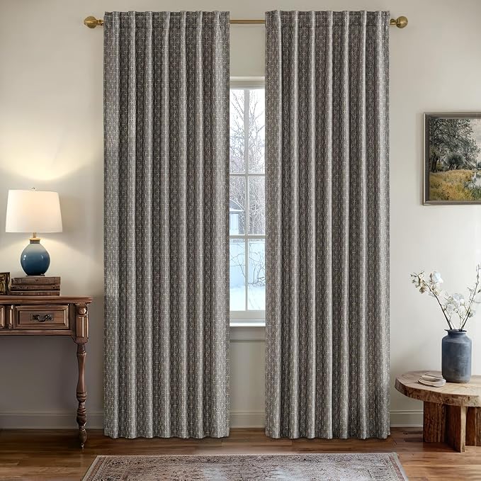 MIULEE Patterned Farmhouse Linen Curtains, Back Tab, Dark Grey | Linen Curtains - Image 2