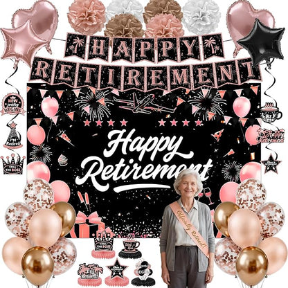 Retirement Party Decorations for Women Men, Rose Gold Happy Banner | Retirement by Toosci