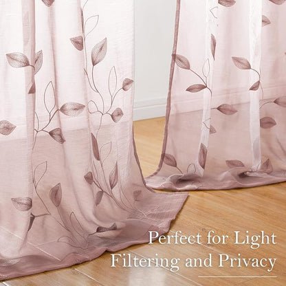 HOMEIDEAS Blush Pink Floral Sheer Curtains 84 Inches Long 2 Panels Embroidered - Image 4