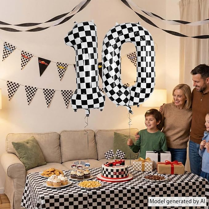 40 Inch Checkered Number 0 Balloon, Large Foil Black and White Number Balloons - Image 2