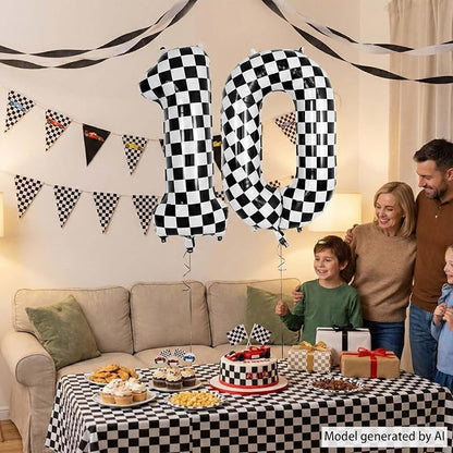 40 Inch Checkered Number 0 Balloon, Large Foil Black and White Number Balloons - Image 2