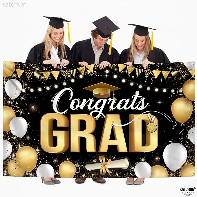 KatchOn Black and Gold Congrats Grad Banner 72x44 Inch | Graduation Decorations - Image 4