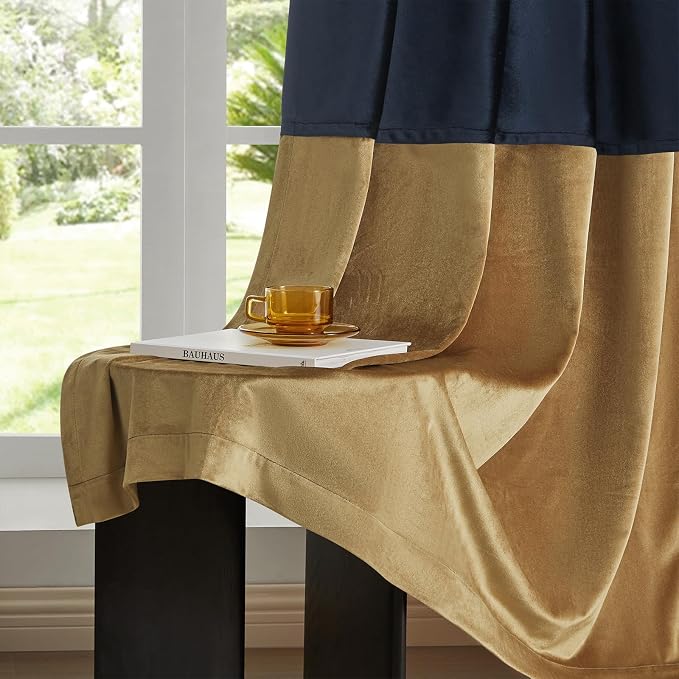 Navy Gold Velvet Blackout Curtains Luxury Decor 108 inches, Color Block | - Image 5