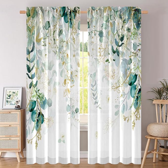 Gold Green Curtains for Living Room Blue Green Eucalyptus Leaves Light by GOLDLAWN