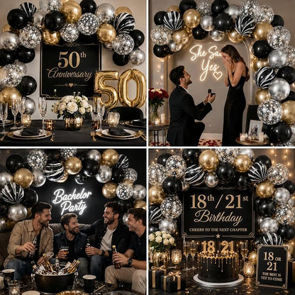 Black Gold Silver Balloon Set, 12 Inch Marble Black and Metallic Chrome Gold - Image 8