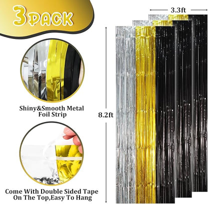 Voircoloria Black Gold Silver Fringe Backdrop Curtains, 3 Pack | Tinsel - Image 2