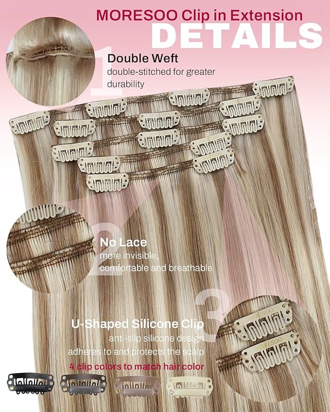 Moresoo Clip in Hair Extensions Real Human Hair Double Weft Human Hair Clip in Extensions Straight Light Brown Highlight with Blonde 5pcs 80g 20inch