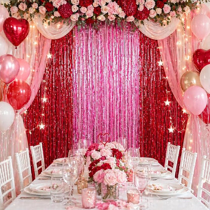 jijAcraft Red Pink Tinsel Foil Fringe Curtain, 2 Pack 3.2x6.5 Feet Pink Red - Image 7
