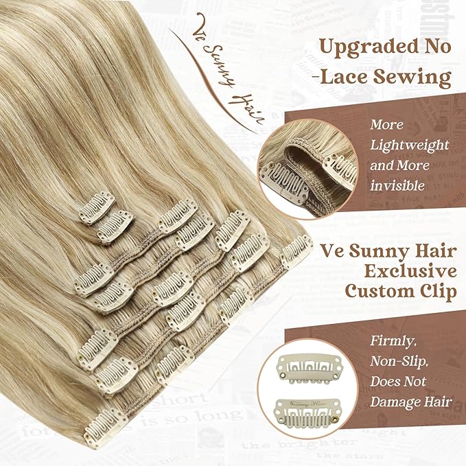 Ve Sunny Clip in Hair Extensions Double Weft Remy Hair Extensions Natural Human Hair Clip in Extensions Dark Blonde Highlights Golden Blonde 7pcs 120g 16 inch