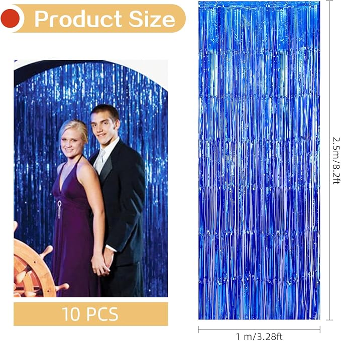 10 Pack Blue Backdrop Curtain 3.2ft x 8.2ft Metallic Tinsel Foil Fringe - Image 3