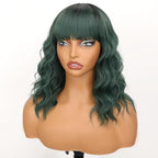 Nnzes Ombre Green Wigs with Bangs for Women Short Bob Synthetic Wigs Shoulder Length Wavy Heat Resistant Hair for Daily Party Use
