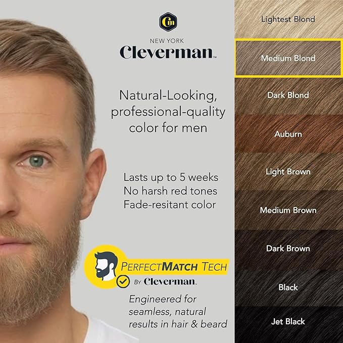 Cleverman Medium Blond All-in-One Reusable Kit for Men's Natural-Looking Gray Coverage - Professional-Quality Hair, Beard & Mustache Color, Ammonia-Free